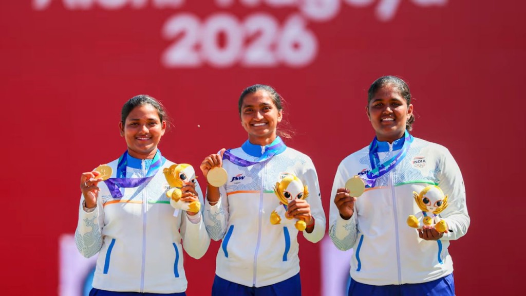 Indian women’s recurve archery team celebrates Asian Games 2026 gold medal