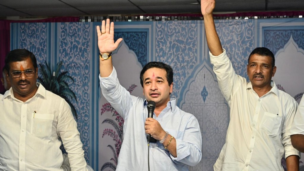 Maharashtra minister Nitesh Rane addresses attendees at the launch of a Hindu awareness campaign in Banda, Sindhudurg
